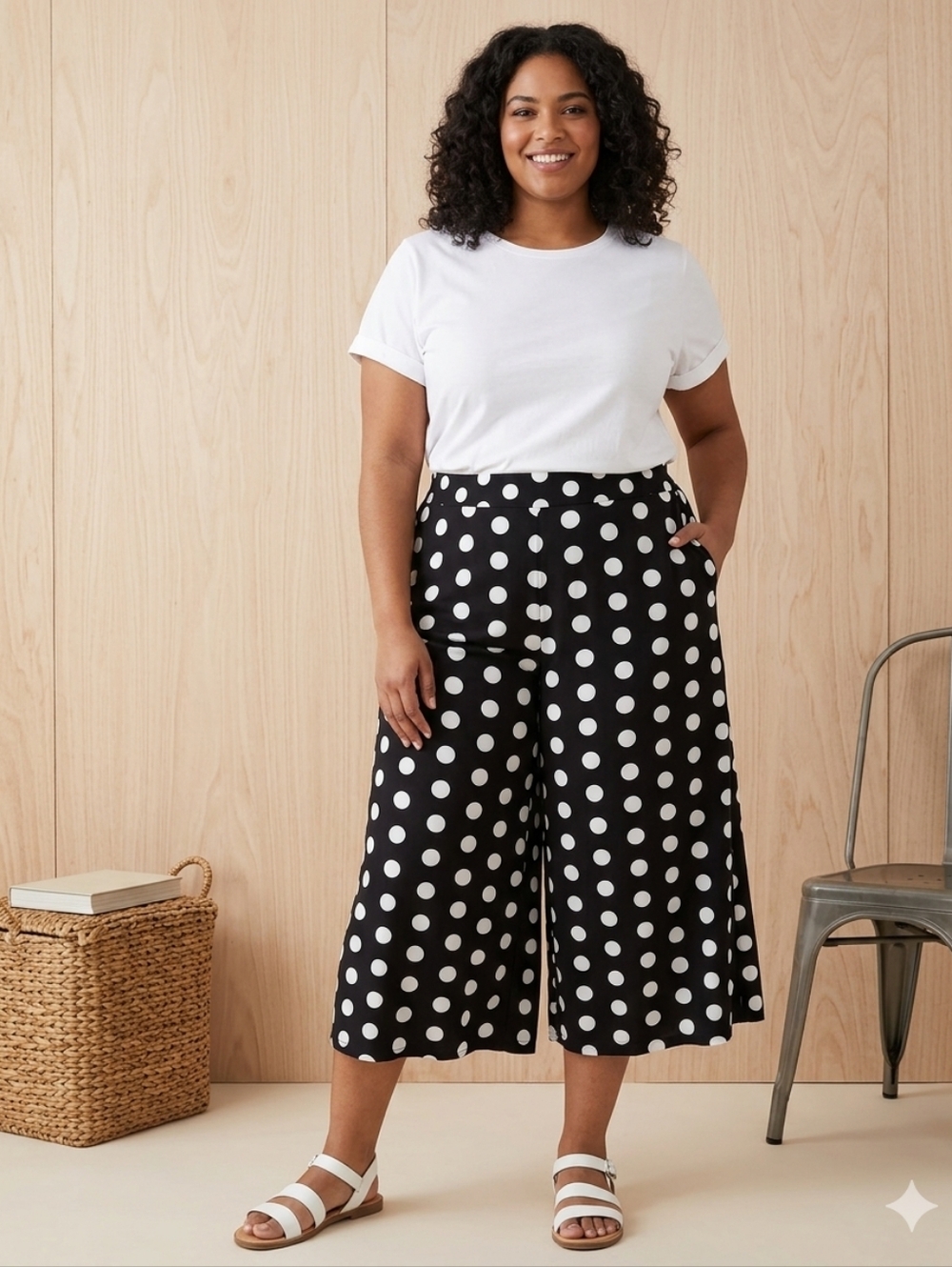 Cropped Black & White Polka Dot Palazzo Pants - 2X/3X